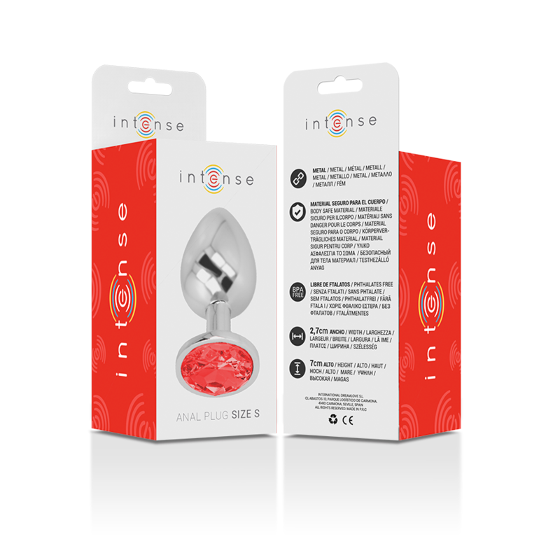NTENSE plug tapón anal en metal con cristal redondo rojo, talla S, en caja
