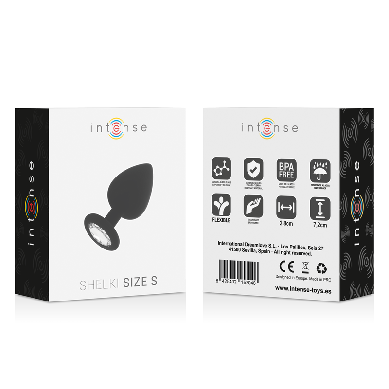 SHELKI plug tapón anal en silicona con cristal redondo claro, talla S negro, en caja