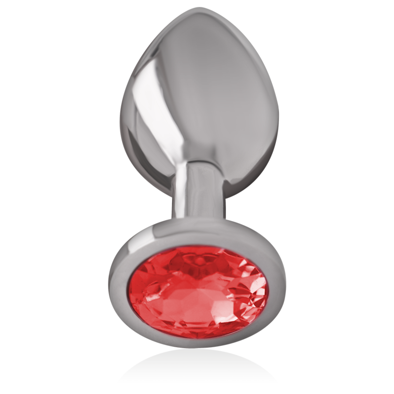 INTENSE plug tapón anal en metal con cristal redondo rojo, talla S, vista inclinada
