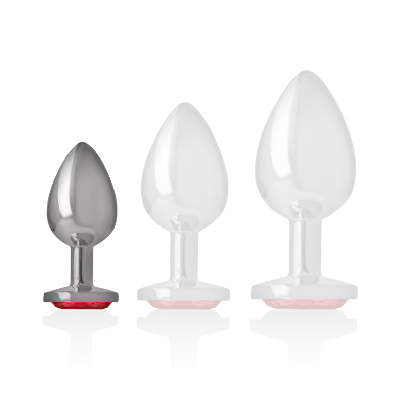 INTENSE plug tapón anal en metal con cristal redondo rojo, talla S, comparación tallas