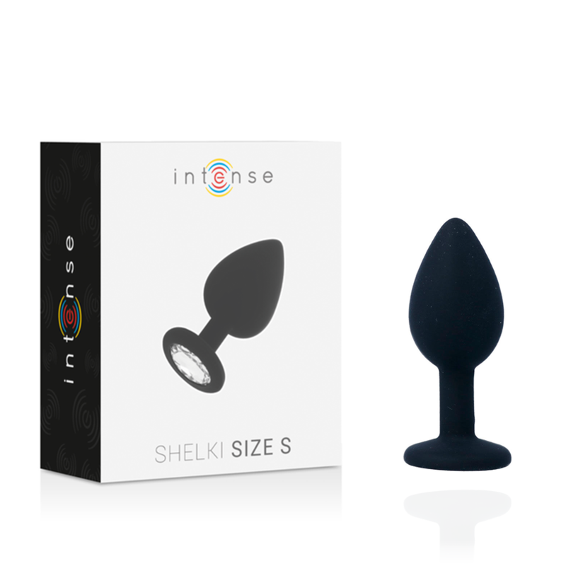 SHELKI plug tapón anal en silicona con cristal redondo claro, talla S negro, con empaque original