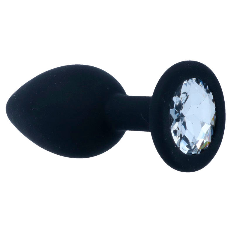 SHELKI plug tapón anal en silicona con cristal redondo claro, talla S negro, vista plana