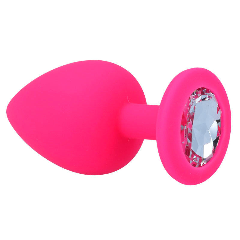 INTENSE SHELKI plug tapón anal en silicona con cristal claro, talla L fucsia, vista plana